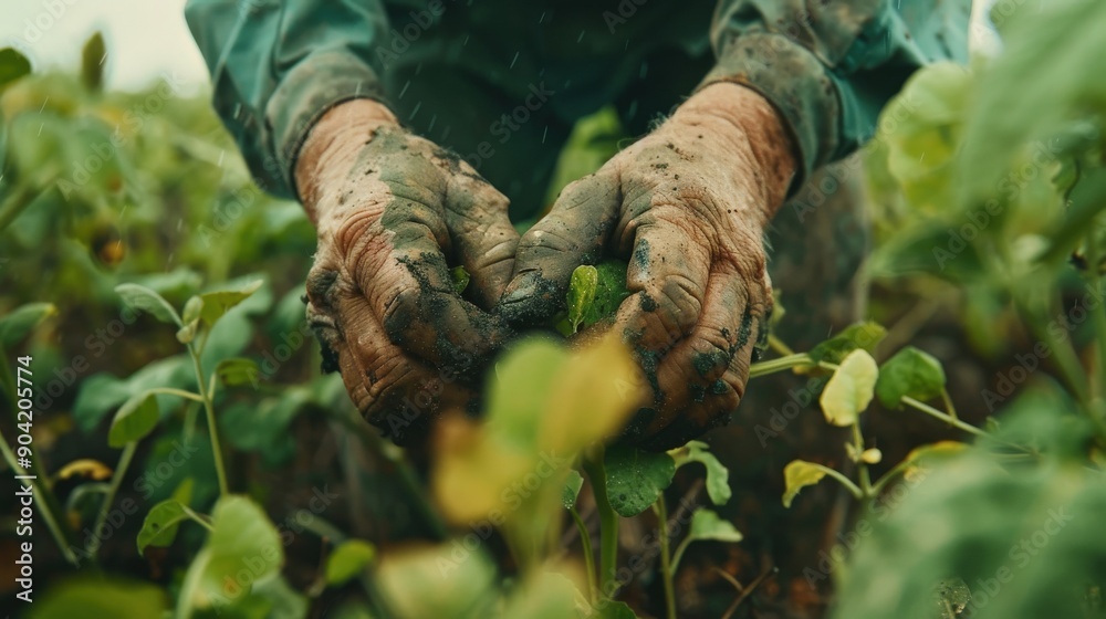 A farmer carefully gathers ripe crops by hand, showcasing hard work and dedication among lush green plants in the field A farmer carefully gathers ripe crops by hand, showcasing hard work and dedication among lush green plants in the field