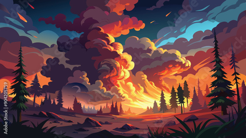 Against the backdrop of a fiery sunset, billowing clouds of smoke rise ominously into the darkening sky, signaling the dangerous intensity of a raging forest blaze VECTOR ART ILLUSTRATION.