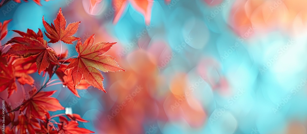 Autumnal red maple leaves stand out against a blurred blue sky in the background in a copy space image Autumnal red maple leaves stand out against a blurred blue sky in the background in a copy space image