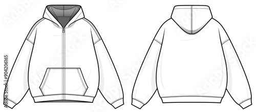 Hoodie Jacket technical fashion illustration. hoodie vector template illustration. Front zipper. front & back view. oversized. drop shoulder. unisex. white color. CAD mockup set.