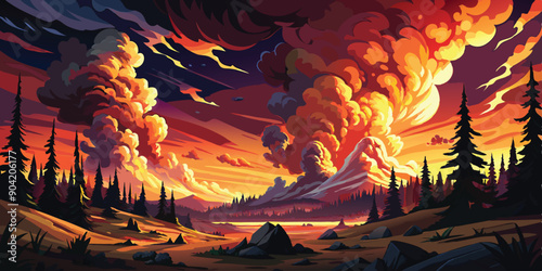 Against the backdrop of a fiery sunset, billowing clouds of smoke rise ominously into the darkening sky, signaling the dangerous intensity of a raging forest blaze VECTOR ART ILLUSTRATION.