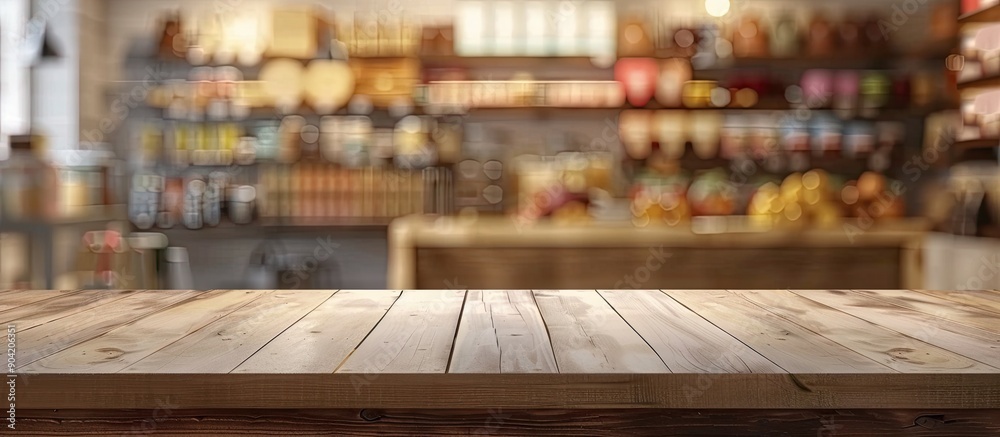Empty wooden counter with a blurred background ideal as a retail shop product display backdrop or banner in a mock up template with copy space image Empty wooden counter with a blurred background ideal as a retail shop product display backdrop or banner in a mock up template with copy space image