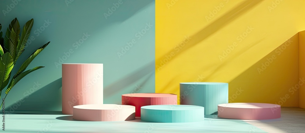 Various podiums are displayed in a product photography setup against a colored backdrop creating a dynamic copy space image Various podiums are displayed in a product photography setup against a colored backdrop creating a dynamic copy space image