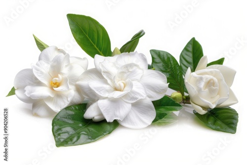 Three White Gardenia Blossoms and Leaves