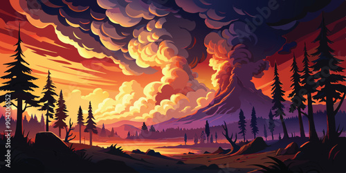 Against the backdrop of a fiery sunset, billowing clouds of smoke rise ominously into the darkening sky, signaling the dangerous intensity of a raging forest blaze VECTOR ART ILLUSTRATION.