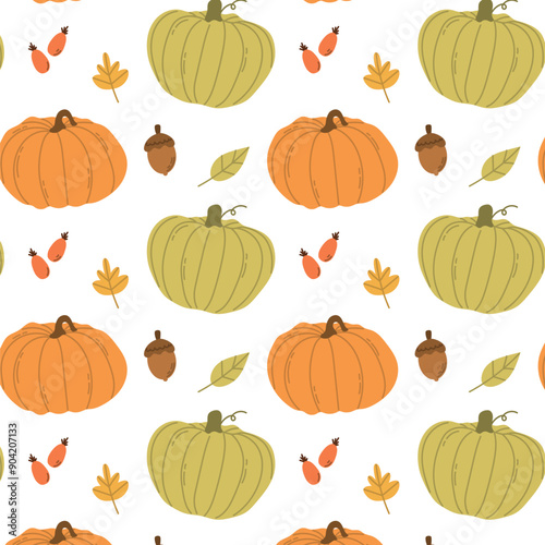 Seamless pattern with pumpkins, leaves, rose hips and acorns, vector illustration for autumn Thanksgiving, harvest holiday, template for poster, banner, cards