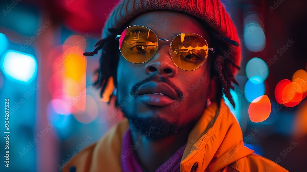 A man wearing a beanie and sunglasses in front of a city street at night A man wearing a beanie and sunglasses in front of a city street at night