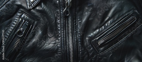 Top view of a black leather jacket with a zipper providing a textured backdrop in a copy space image