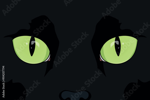 Black cat face close up. Feline eyes. Black cat with green eyes. Vector illustration