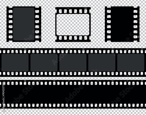 Realistic movie film strip set on transparent background. Film strip template. Cinema and filmmaking concept. Vector illustration