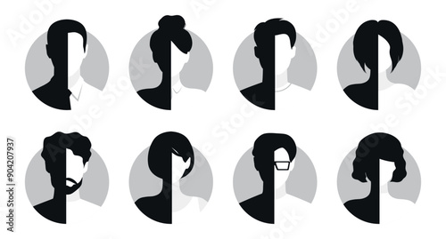 Female and male faceless portraits. Set of women and men face silhouettes suitable for anonymous profiles, avatars or abstract gender icons. Vector illustration