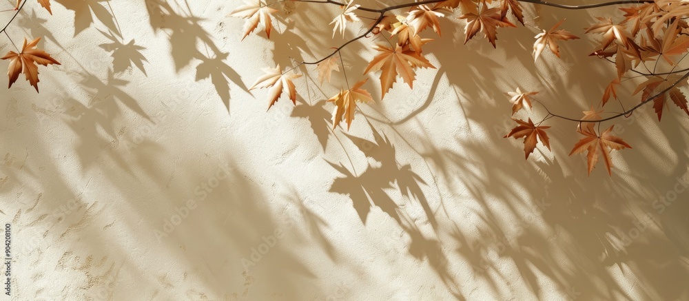© Ilgun - Cream colored abstract autumn scene with maple tree leaves shadows on a wall background ideal for copy space image
