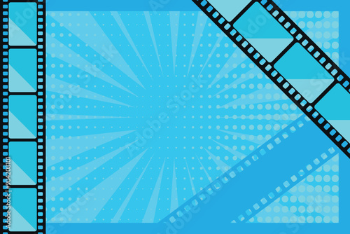 Pop art blue background with film strip. Cinema concept. Vector illustration