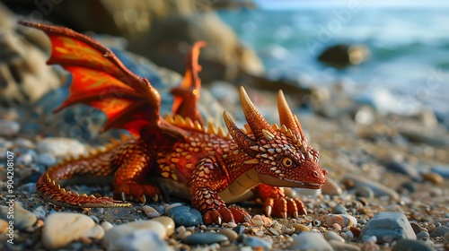 Adorable red and golden baby dragon for a toddler relaxing by the shore