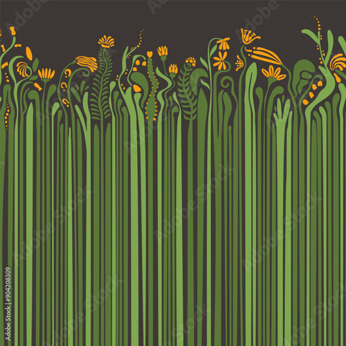 Abstract floral square dark background with flowers with a long stem, footstalk and copy space for banner, social media, postcard, contemporary art in bauhaus, groovy style