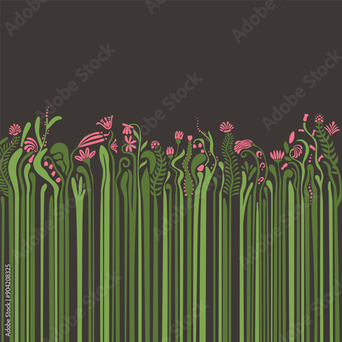 Abstract floral square dark background with flowers with a long stem, footstalk and copy space for banner, social media, postcard, contemporary art in bauhaus, groovy style