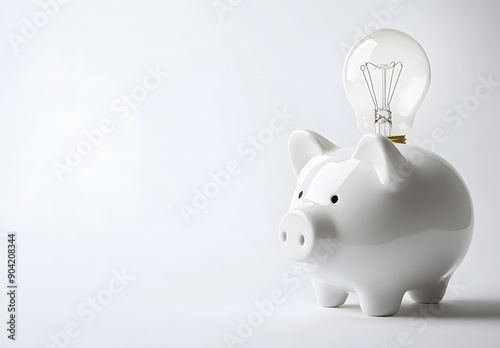 "White Piggy Bank with Light Bulb Above on White Background"