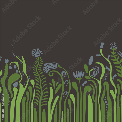 Abstract floral square dark background with flowers with a long stem, footstalk and copy space for banner, social media, postcard, contemporary art in bauhaus, groovy style