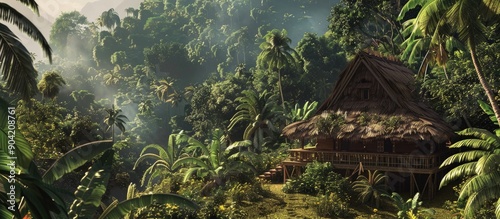 In a traditional indigenous village nestled in a lush tropical rainforest a community house often termed krutu stands tall as a symbol of unity and shared traditions surrounded by nature s beauty photo