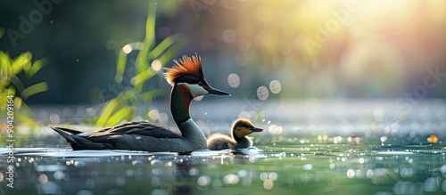 The Podiceps cristatus a type of great crested grebe with its chick is swimming gracefully in the lake offering a serene and peaceful image with ample copy space