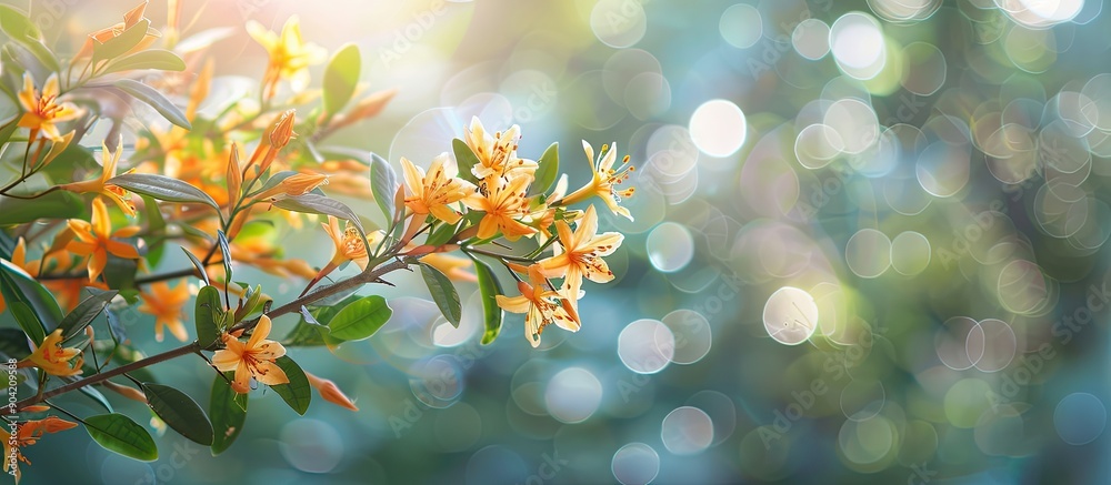 Tree showcasing an orange jessamine plant with a soft natural backdrop providing ample copy space image along with white bokeh