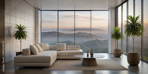 The image showcases a modern living room with a minimalist design, featuring a white sofa, a coffee table, a potted plant, and a large window with a view of the mountains. Generate AI	
