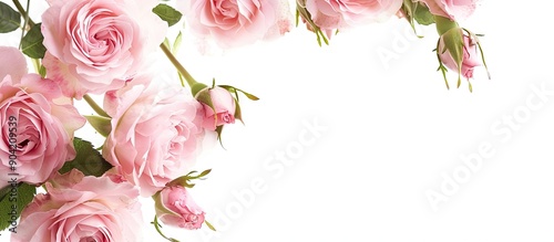 Fototapeta Naklejka Na Ścianę i Meble -  Pink roses arranged in a corner with copy space image against a white backdrop