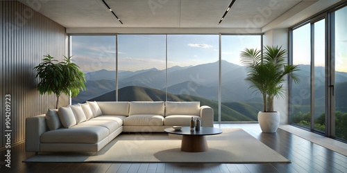 The image showcases a modern living room with a minimalist design, featuring a white sofa, a coffee table, a potted plant, and a large window with a view of the mountains. Generate AI	
