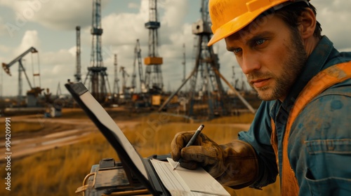 An oil field worker in safety gear stands near an ornate industrial base, holding and writing notes onto his laptop while looking at the background of several massive oil derricks in the distance.