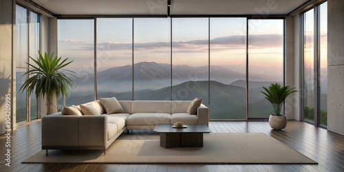 The image showcases a modern living room with a minimalist design, featuring a white sofa, a coffee table, a potted plant, and a large window with a view of the mountains. Generate AI	
