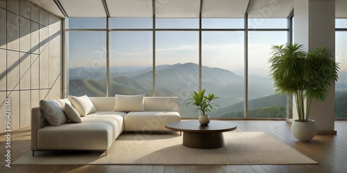 The image showcases a modern living room with a minimalist design, featuring a white sofa, a coffee table, a potted plant, and a large window with a view of the mountains. Generate AI	
