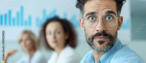 Business professional with glasses attentively looks at the camera, with team members and a chart in the background. modern office setting highlights a collaborative and analytical work environment