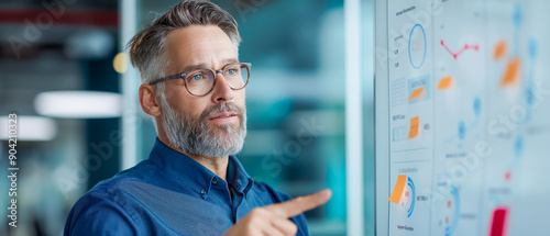 Professional man with glasses and light beard points to a detailed data chart on a whiteboard. Image captures focus on data analysis, strategic planning, and corporate communication.