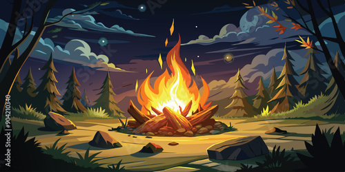 As darkness envelops the night, a crackling bonfire emerges, casting an enchanting glow of orange and yellow flames against the backdrop of the darkened sky vector art illustration.