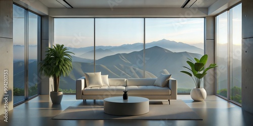 The image showcases a modern living room with a minimalist design, featuring a white sofa, a coffee table, a potted plant, and a large window with a view of the mountains. Generate AI	
