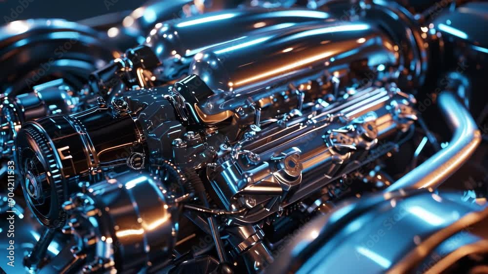 Close-up of a futuristic, high-tech engine with glowing lights and metallic components Close-up of a futuristic, high-tech engine with glowing lights and metallic components