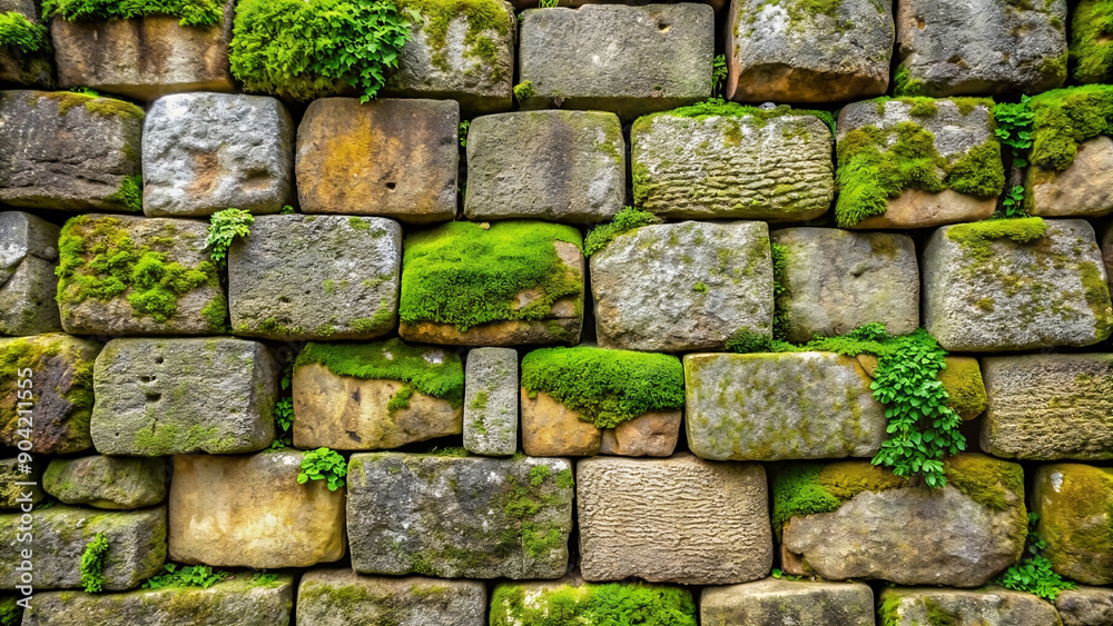 Ancient stone wall background, weathered stone blocks with moss and cracks, historical and rustic, photo Ancient stone wall background, weathered stone blocks with moss and cracks, historical and rustic, photo