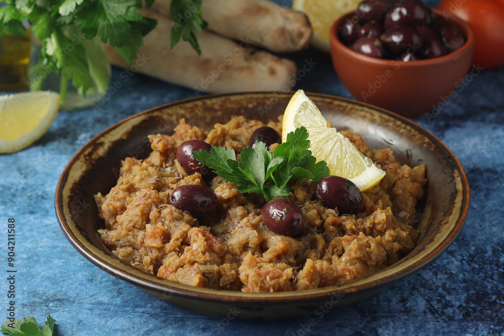 A plate with traditional Moroccan salad zaalouk A plate with traditional Moroccan salad zaalouk
