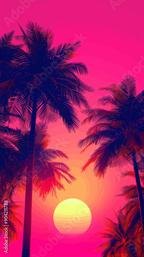 A sunset over a tropical beach with palm trees
