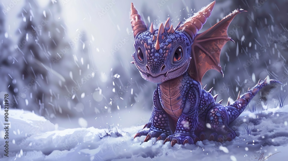 Adorable young dragon sitting in the snow for a child