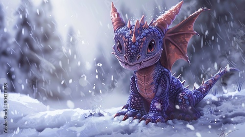 Obraz na płótnie Adorable young dragon sitting in the snow for a child w salonie