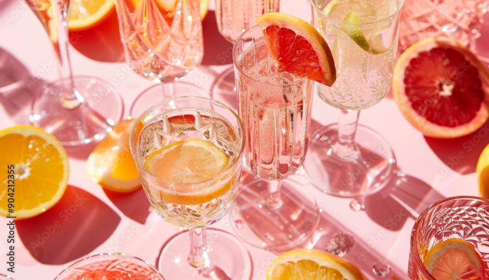 photo of crystal glasses with champagne, rose sparkling wine, or paloma cocktails, elegantly photo of crystal glasses with champagne, rose sparkling wine, or paloma cocktails, elegantly