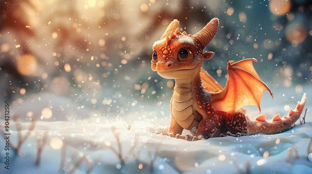 Adorable young dragon sitting in the snow for a child