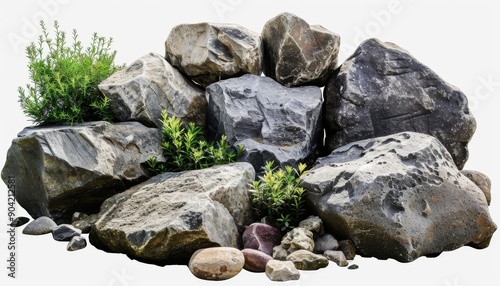 photo of isolated modern abstract decor stones and plants against a transparent PNG background