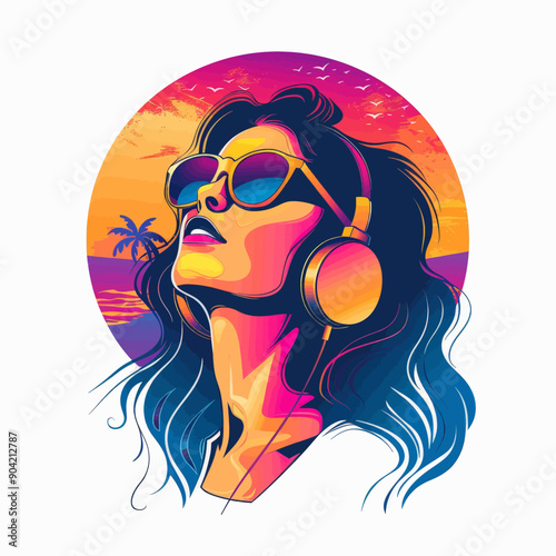 A woman wearing sunglasses and headphones is looking out at the ocean