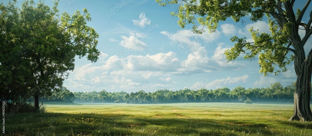 Scenic view including blue sky expansive field and trees with copy space image Scenic view including blue sky expansive field and trees with copy space image