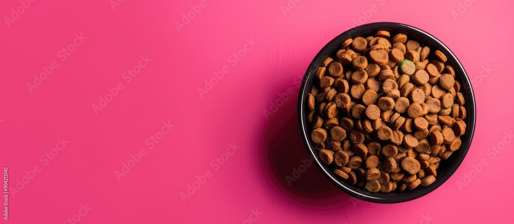 A bird s eye view of dog food in a bowl on a pink magenta backdrop featuring a copy space image for pet snacks and treats A bird s eye view of dog food in a bowl on a pink magenta backdrop featuring a copy space image for pet snacks and treats