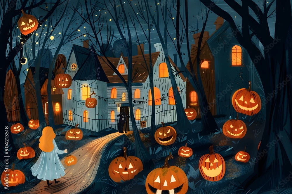 Fototapeta premium Cute illustration of a girl wearing a witch costume for Halloween. Happy Halloween