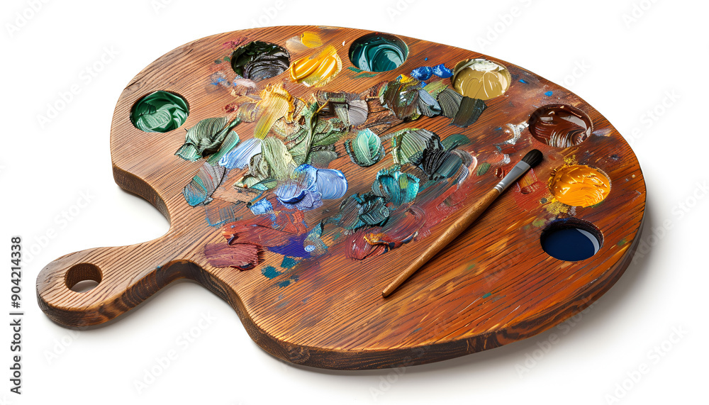 Wooden Artist Palette with Vibrant Paint Colors and Brushes Isolated on white background Wooden Artist Palette with Vibrant Paint Colors and Brushes Isolated on white background