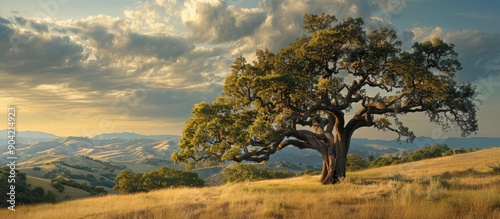 A majestic live oak tree stands tall in the picturesque landscape with rolling hills providing a serene backdrop for a copy space image photo